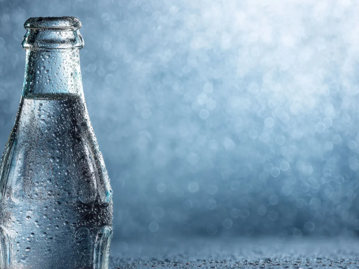Flaschen mit Mineralwasser, Wassertropfen auf dem Glas